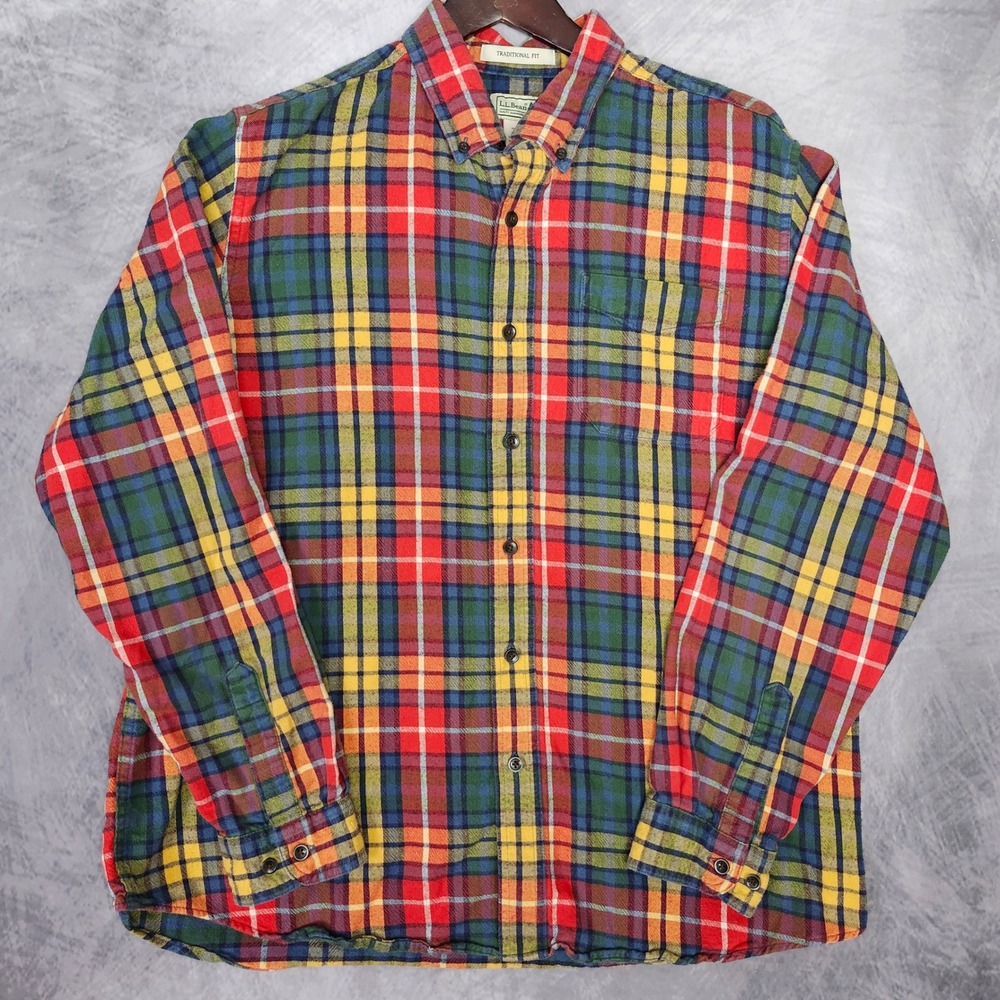 LL Bean Scotch Plaid Flannel Shirt Mens Large Traditional Fit Green Red 228061